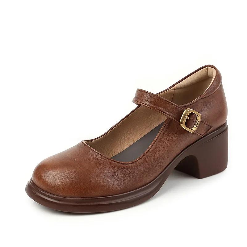 Echte Leren Schoenen Dames Pumps met Ronde Neus Comfort Koeienleer Hoge Hakken Schoenen Mode Ondiepe Mond Zachtzool Moeder Schoenen