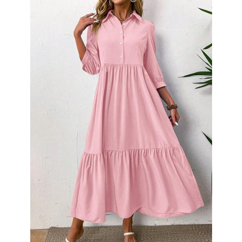 

Женское платье-рубашка на весну и осень, элегантное и модное повседневное платье с лацканами и большим качелями 2XL розовый
