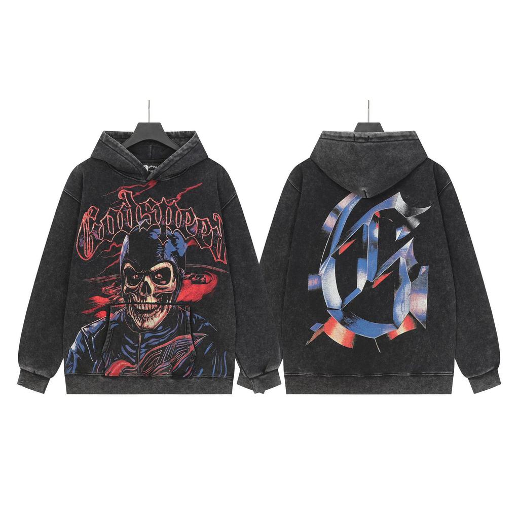 God Bless America Retro Rock Street Print Washed Hoodie - Casual Loose Fit