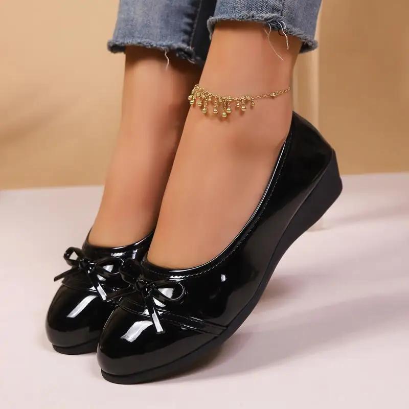 Retro Solid Round Toe Wedge Heel Pumps Women 2025 Summer Bowknot Decoration Patent Leather Pumps Sweet Mary Jane Shoes Women