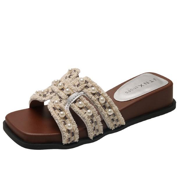 Pearl Hollow Open-toed Wedge Heel One-word Fashion Casual Sandals Summer Retro Low-heeled Slippers Women's Outerwear