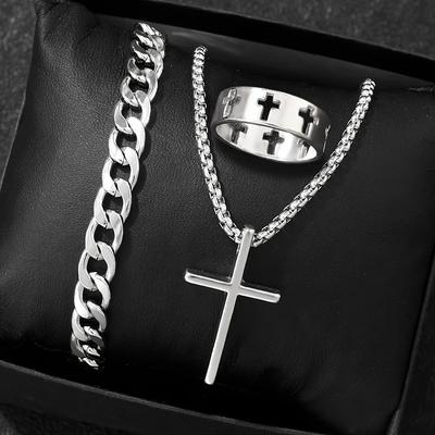 Men's 3pcs Fashion Alloy Jewelry Set - Cross Pendant Necklace, Bracelet & Ring Combo
