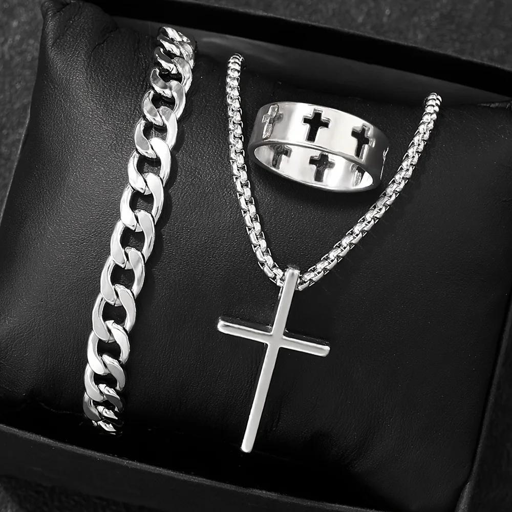 Men's 3pcs Fashion Alloy Jewelry Set - Cross Pendant Necklace, Bracelet & Ring Combo