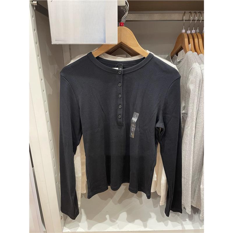 2025 Autumn/Winter Women s Ribbed Henley Long Sleeve Slimming Base Layer T-shirt Medium чёрный