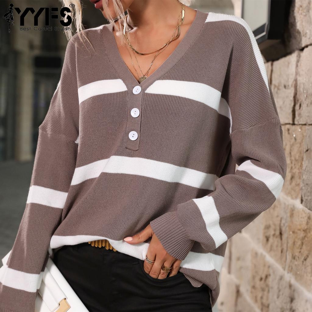 YYFS Damenmode, lässig, Frühling und Herbst, Streifendruck, langärmelig, V-Ausschnitt, Blusen und Hemden