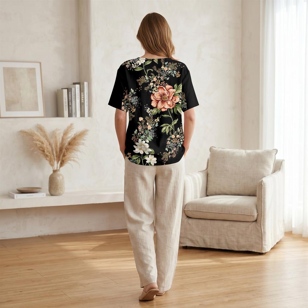 Damen Kurzarm Hemd aus Baumwolle und Leinen mit Modischem Print Henley Knopfleiste und Brusttasche für Freizeitkleidung