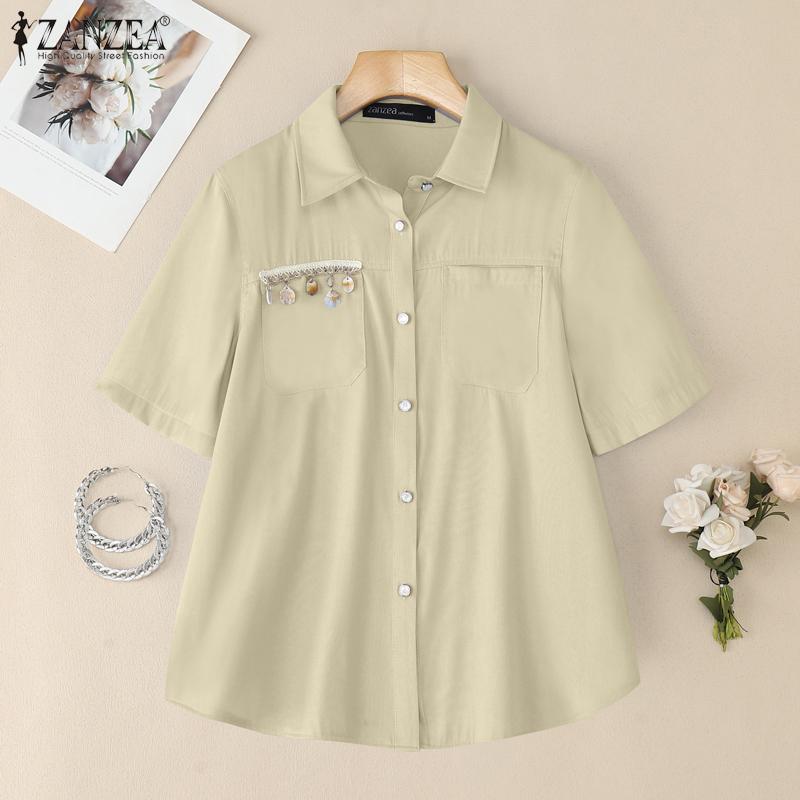 ZANZEA Women Summer Turn Down Collar Casual Short Sleeve Blouse