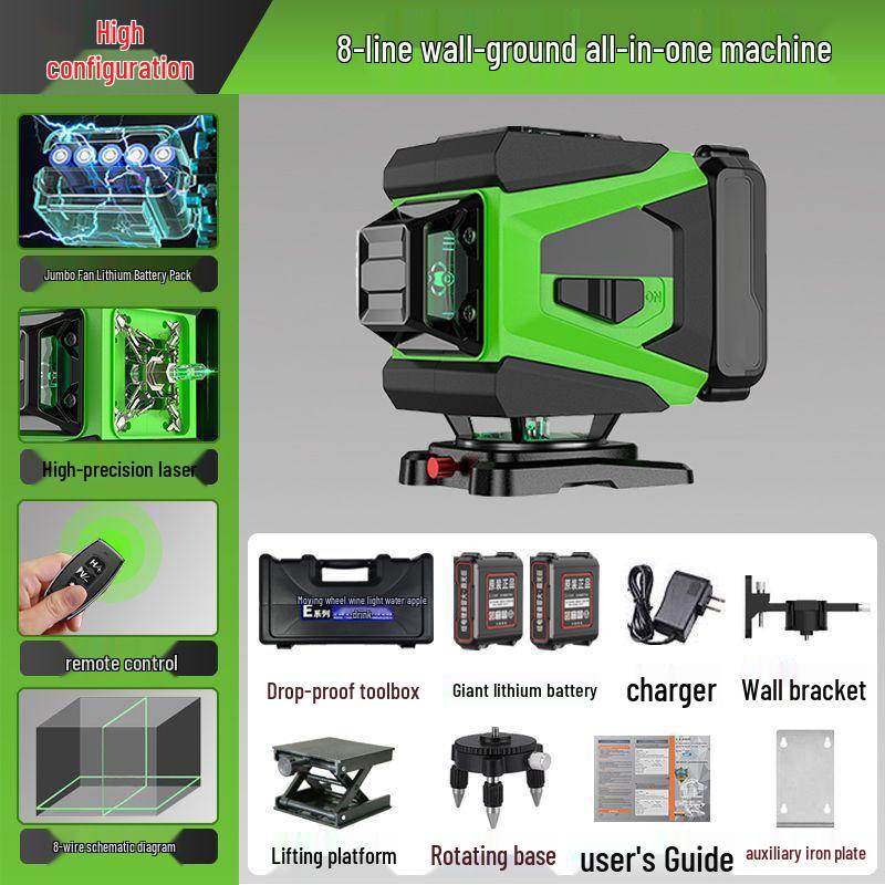 12/16-linjers minilaserpassare med hög precision, grönt ljus och vägg-/golvklistermärken