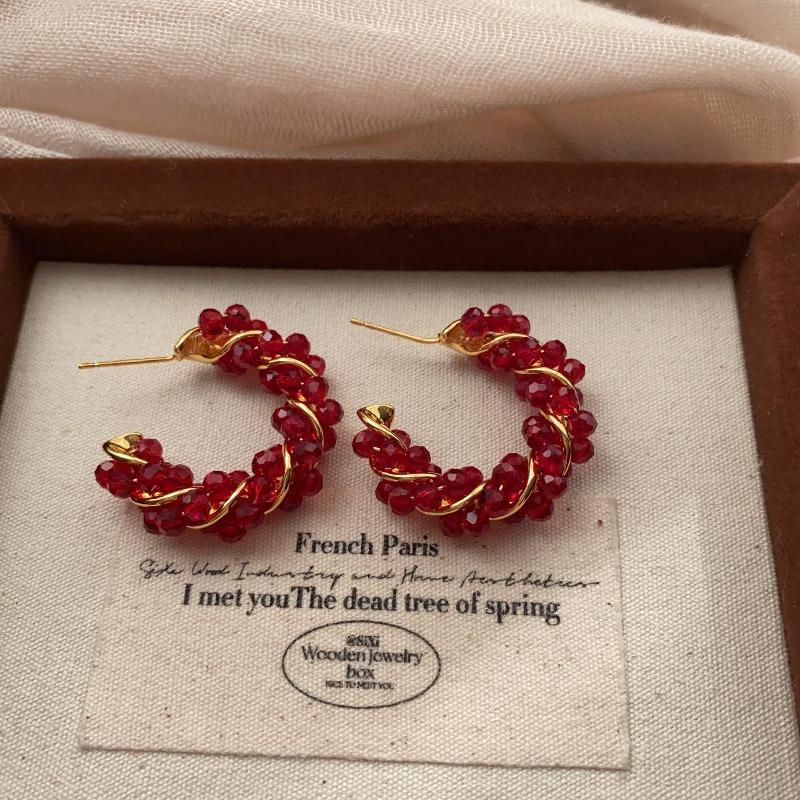 Hand-Woven Twist Red Crystal Earrings, High-End Exquisite, Light Luxury, Elegant Earrings, Festive Fashion And High-End