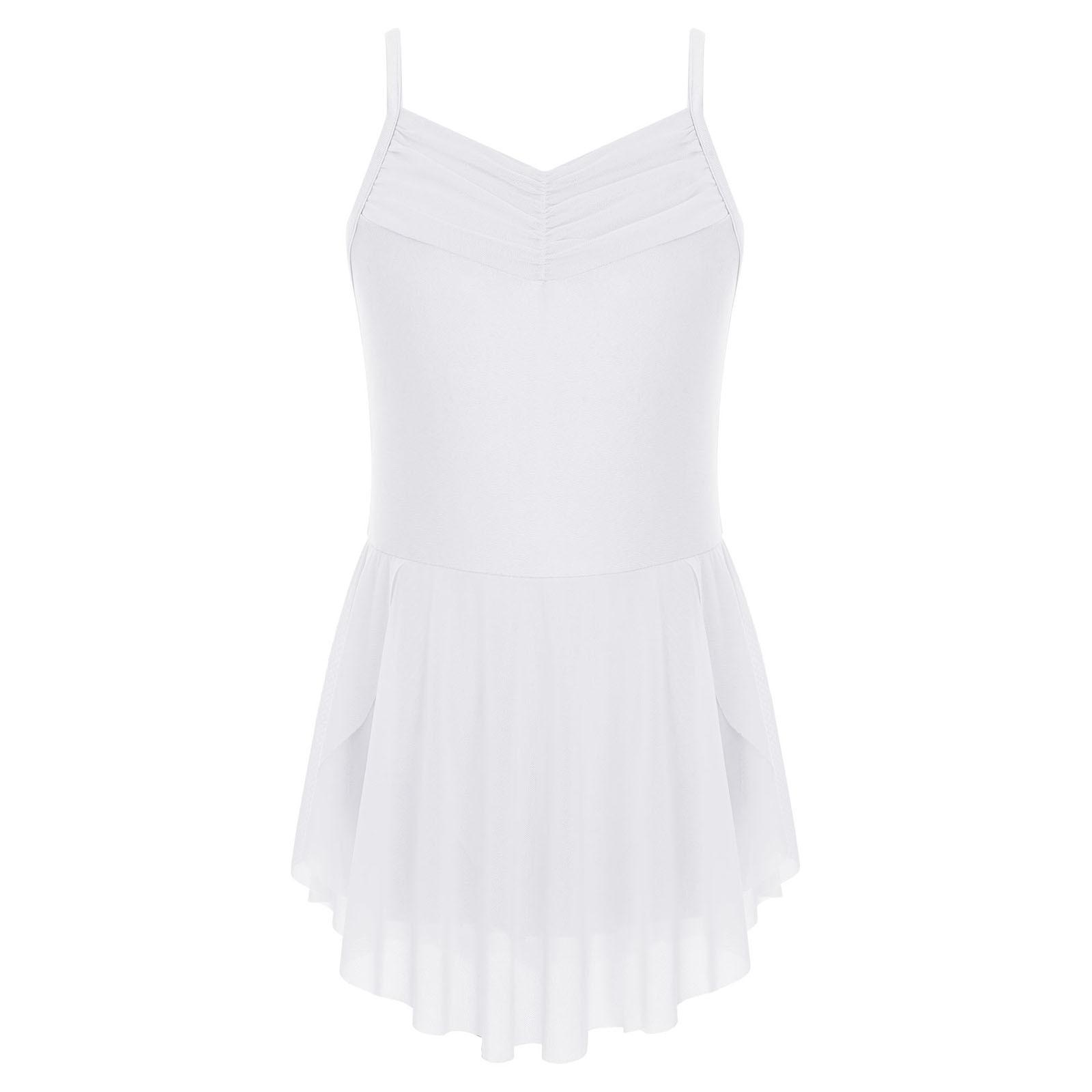 Mädchen Ballettkleider Ballerina Übung Performance Raffung V-Ausschnitt Spaghettiträger Seitenschlitz Kleid 13-14 Years weiß