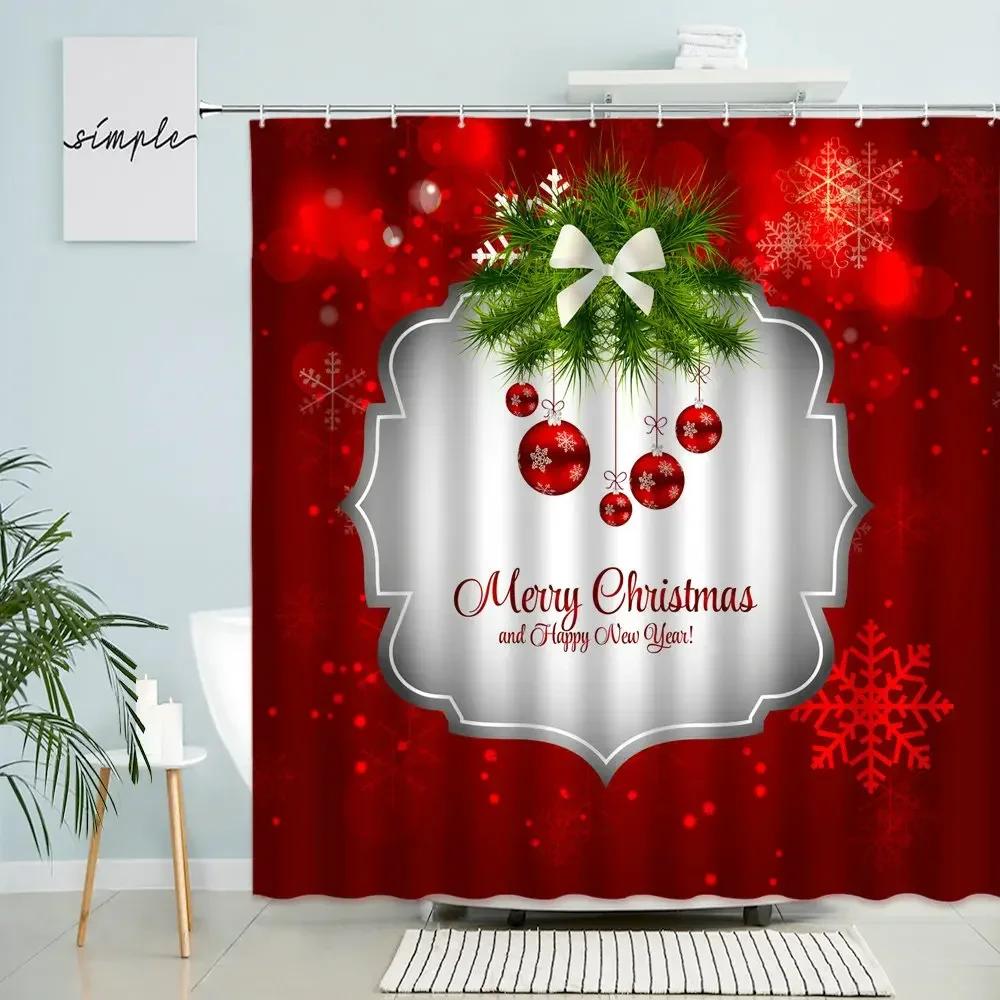 Merry Christmas Shower Curtain Christmas Tree Xmas Ball Red Background Party Bathroom Wall Decor With Hooks Waterproof Screen