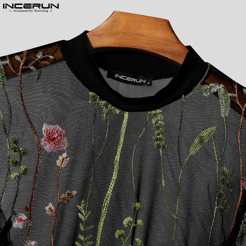 INCERUN Men Long Sleeve Embroidery Floral Mesh See Through Party Clubwear Bodysuits Jumpsuits