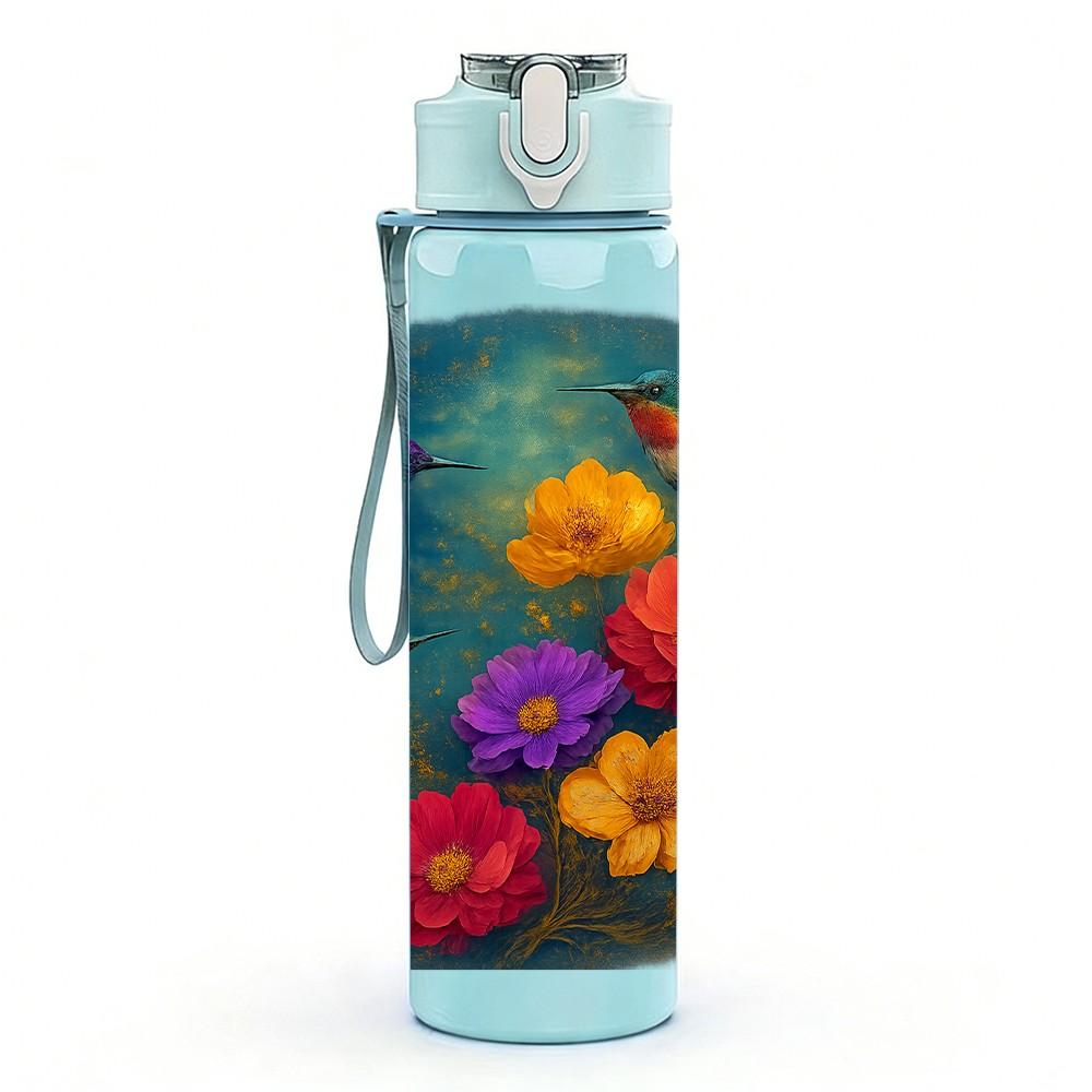 1PC Colorful Round Bouquet Flower Print 750ml Color Plastic Sports Water Bottle Leakproof Flip Straw Lid Suitable for Sports Office Home Use