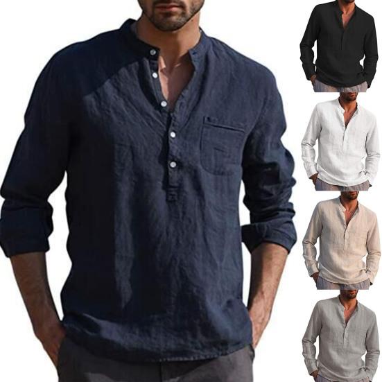 Men Shirt Solid Color Stand Collar Button Casual Spring Top for Daily Wear