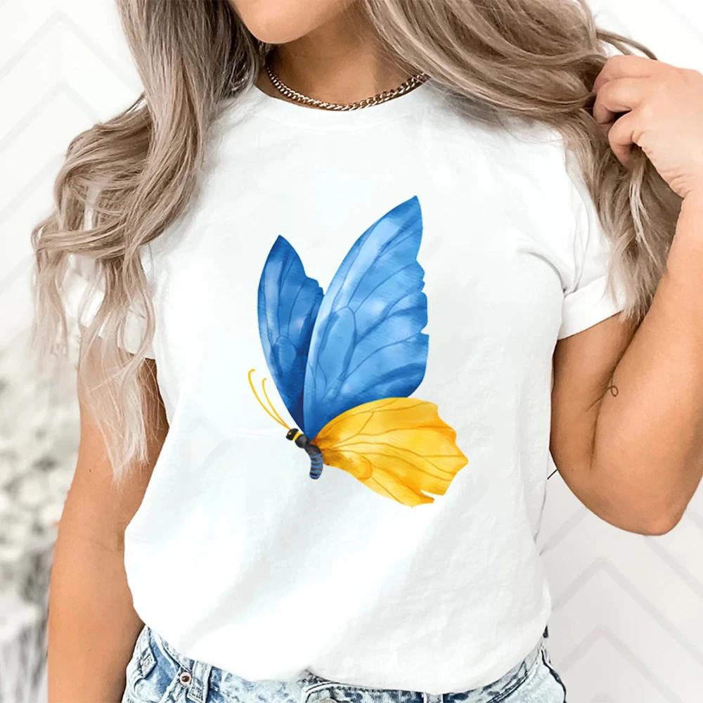Womens casual round neck Tshirt with cartoon butterfly print summer fashion short sleeved Womens Tshirt S