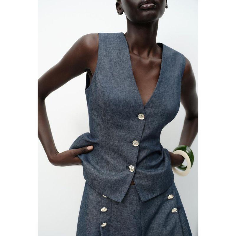 Linen Blend Vest 3679785 Casual Shorts 3680785 Button Decoration Wide Leg Pants 7935785