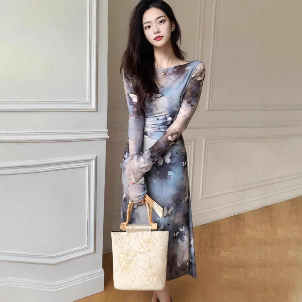 Women's Retro Tie-Dye Mesh Midi Dress - Waist-Slimming Long Sleeve (2025 Spring/Autumn)