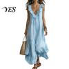 Versatile Daily Wear Dress Women's Deep V Neck Ruffle Trim Maxi Dress, Sleeveless Loose Lightweight Polyester Flowy Beach Sundress, Summer Casual