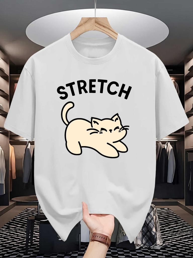 Unisexs Cute Stretch Lazy Cat Graphic Tshirt Lovely Pet Crew Neck Tees Casual Tops For Male Cat Admirers Cartoon Daily Gift