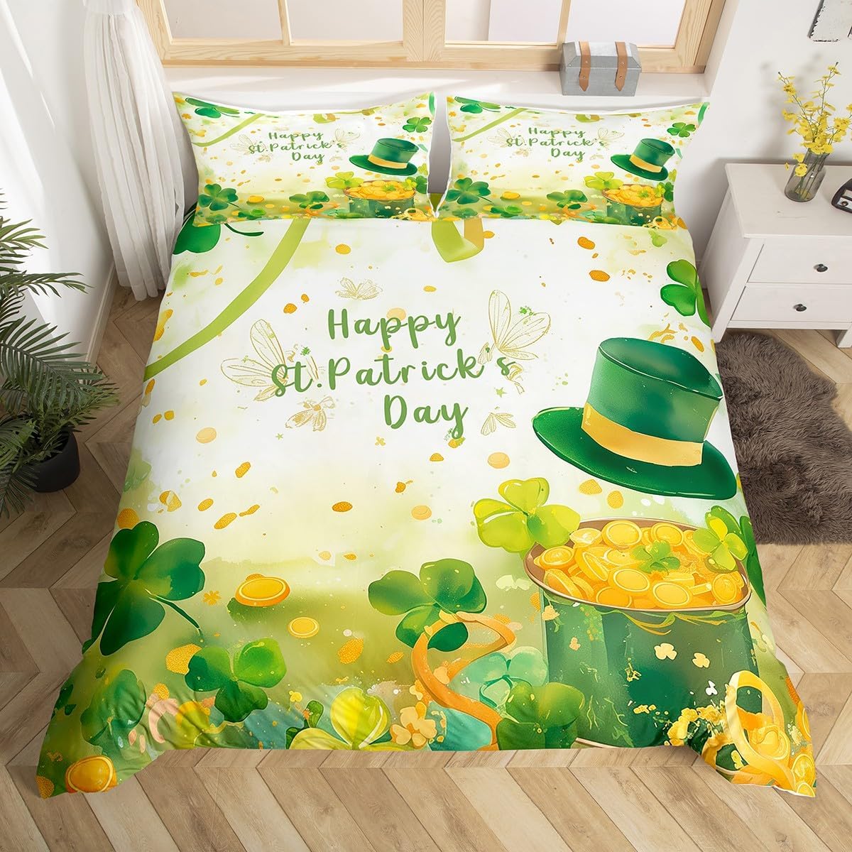 

St.Patrick s Day Duvet Cover Twin Queen Lucky Clover Leaves Bedding Set for Boys Girls Cartoon Comforter Cover with 2 Pillowcase EU Single(135*200cm)3pcs