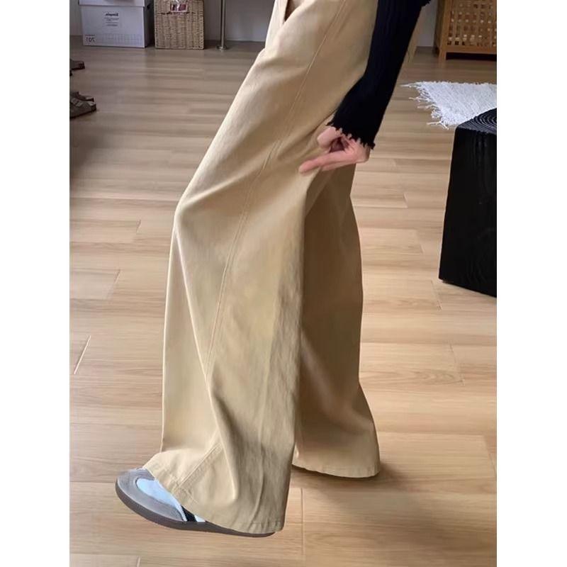 Women's Khaki Tie-waist Wide Leg Pants High Waist Loose-fit Casual Trousers