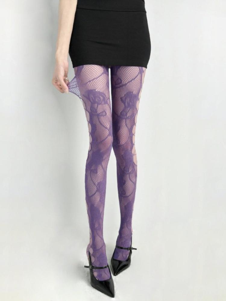 

New Color Purple Winered Hollow Out Pantyhose Women S Sexy Flower Pattern Crotchless Fishnet Stockings Party Uniform Slim Tights One Size