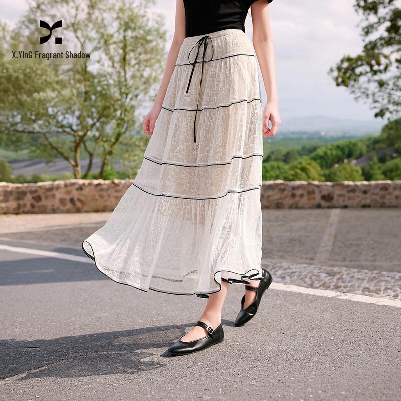 Women's Lace A-Line Mesh Splicing High-Waist Long Skirt