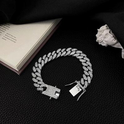 Trendy European-American Style Full Diamond Cuban Bracelet, Unisex Hip-Hop Thick Chain with Personality Buckle