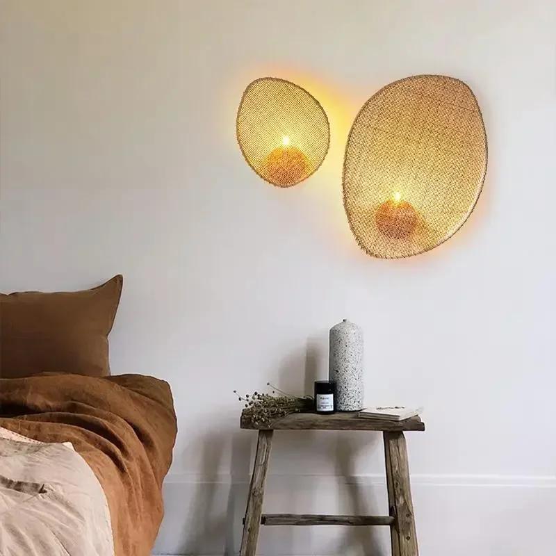 C666 Creative Living Room Wall Lamp Designer Minimalist Rattan Lamp for Living Room Background Home Decor Retro Bedroom Beside L
