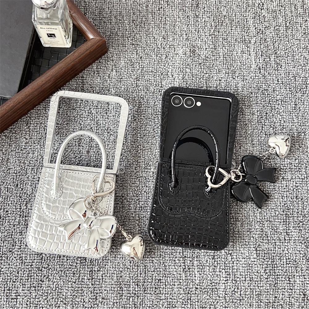 For Samsung Galaxy Z Flip7 5G Case Handbag Crocodile Texture Leather+PC Phone Cover with Bow Heart Pendant