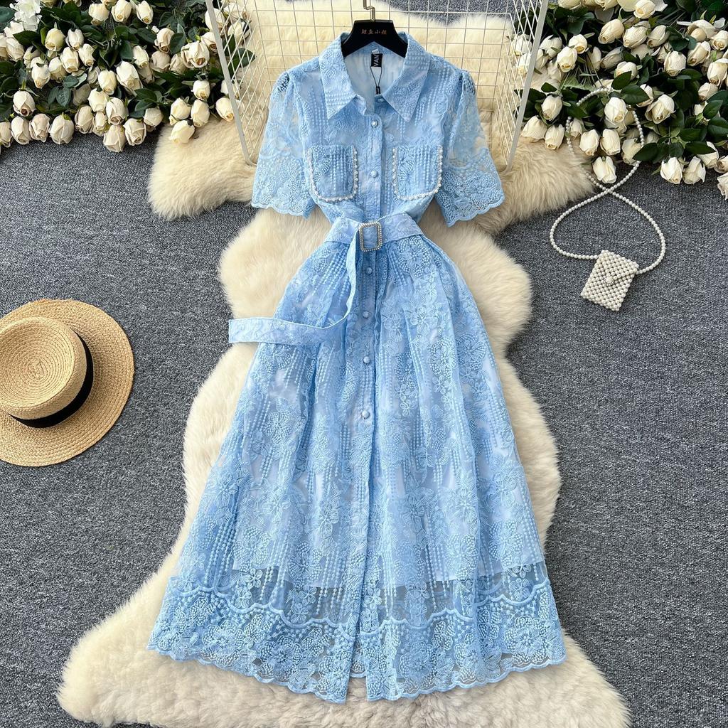 French Temperament Socialite Heavy Industry Bead Pocket Short-sleeved Dress Women's Waist Temperament Crochet Embroidered Mesh Dress