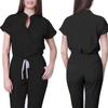 Damen Krankenschwester Overall Stehkragen Kurzarm Mehrfarbig Kordelzug Taille Mehrere Taschen Medizinischer Overall Gesundheitswesen Arbeitskleidung