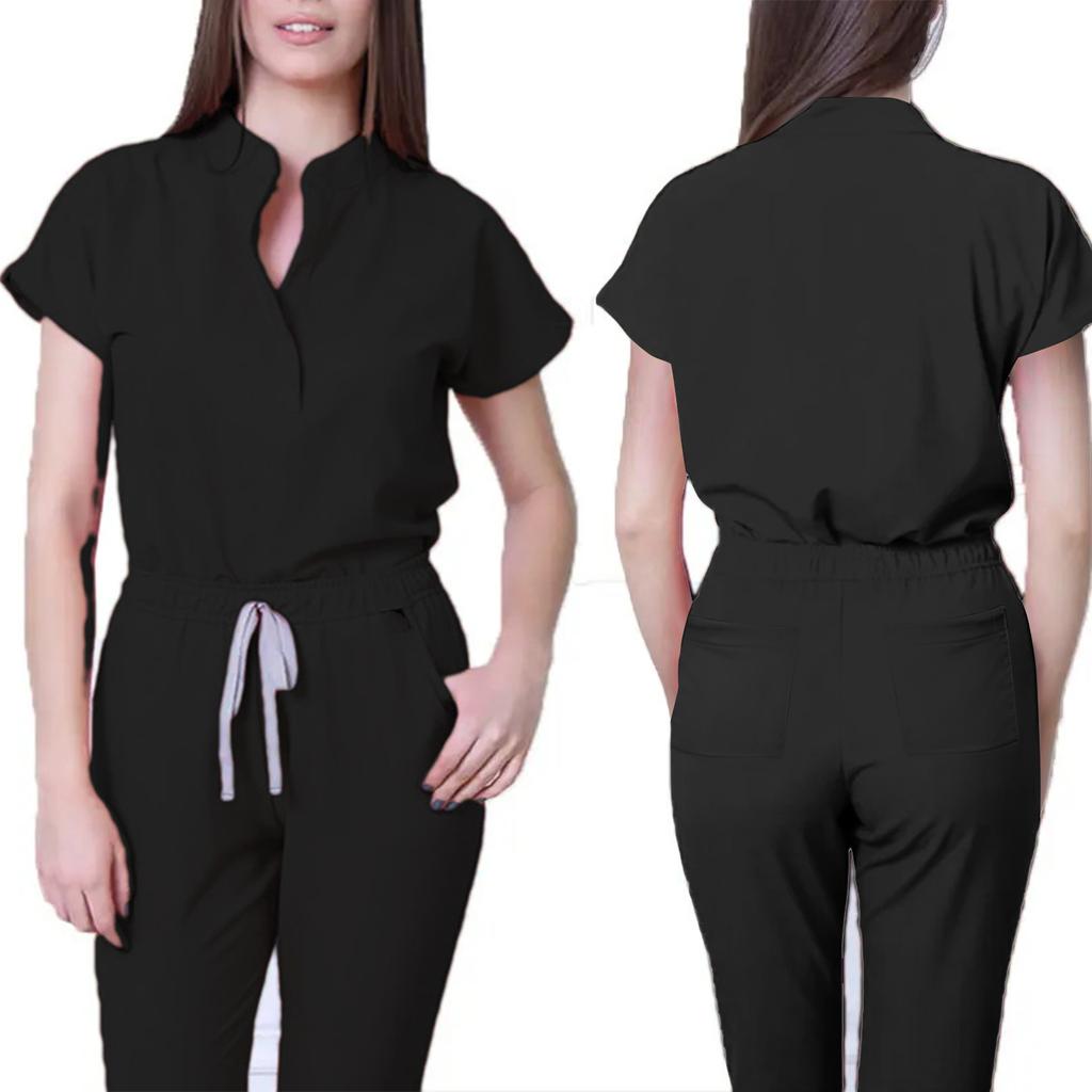 Damen Krankenschwester Overall Stehkragen Kurzarm Mehrfarbig Kordelzug Taille Mehrere Taschen Medizinischer Overall Gesundheitswesen Arbeitskleidung