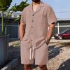 2025 Men's Casual Loose Solid Color Buttoned Short Sleeve Shorts Set