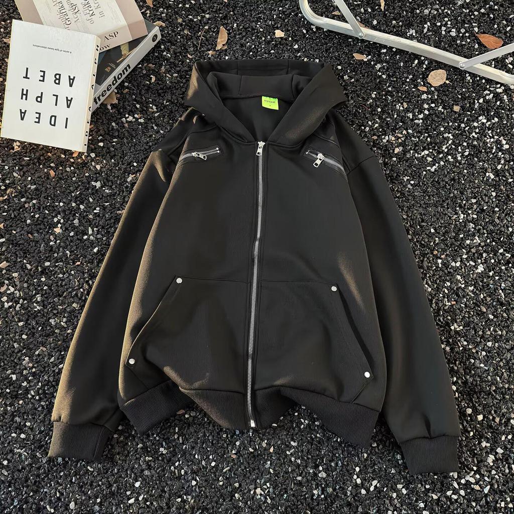 Unisex Spring Shoulder Padded Jacket: High Street Cool, Zipper Accents, Fashion Hoodie Cardigan