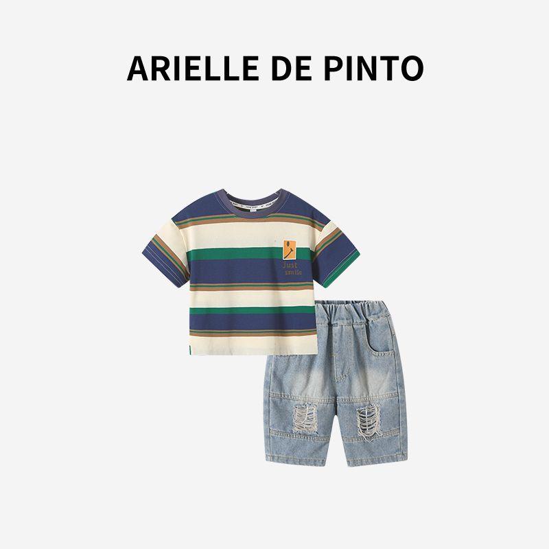 French Arielle De Pinto Boys  European and American Style Wide Striped Summer Outfit Short-Sleeve Denim Two-Piece Set Blue 140