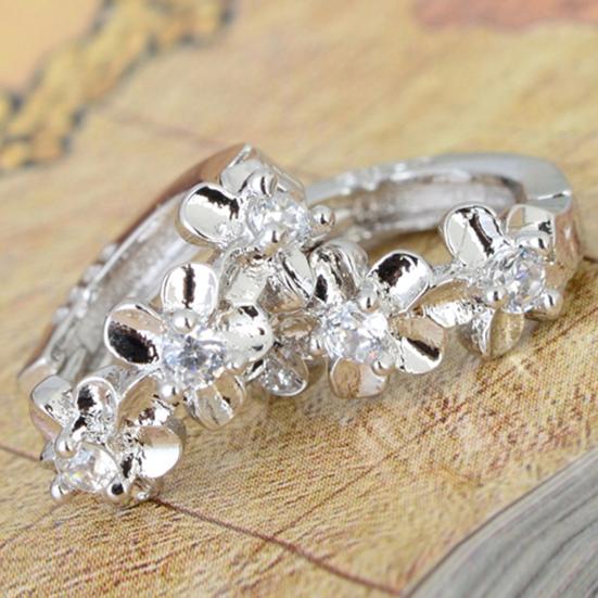 Women Shiny Rhinestone Flower Silver Plated Hoop Earrings Ear Clips for Party
