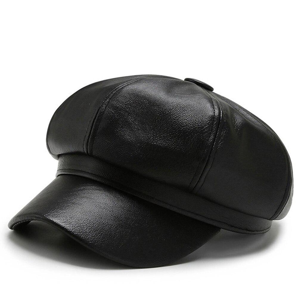 1pc Retro Fashion Women's Pu Leather Octagonal Hat Versatile Autumn And Winter Temperament Big Head Circumference Beret