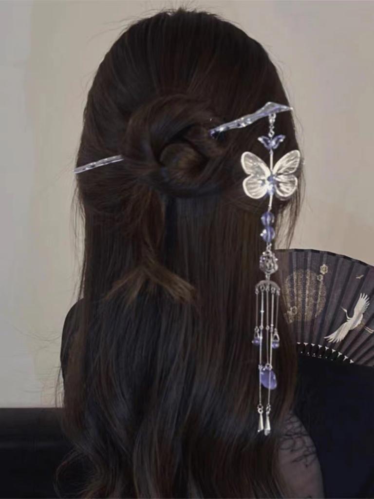 18cm Chinese Style Hairpin Elegant Flower Butterfly Tassel Hair Stick For Women Vintage Hanfu Metal Jewelry Hair Accessories 1pc