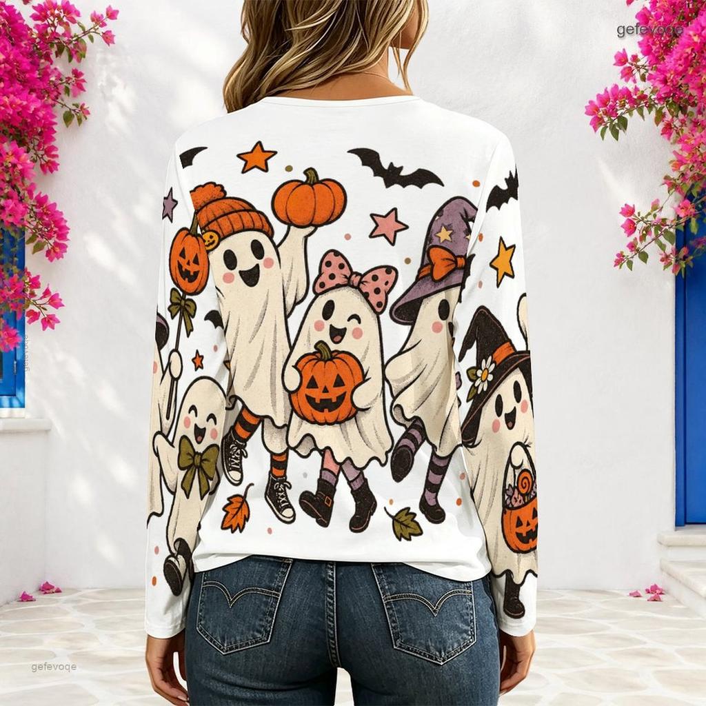 Women Plus Size White V Neck Long Sleeve Eyelet Chain Halloween Ghost Printed Top