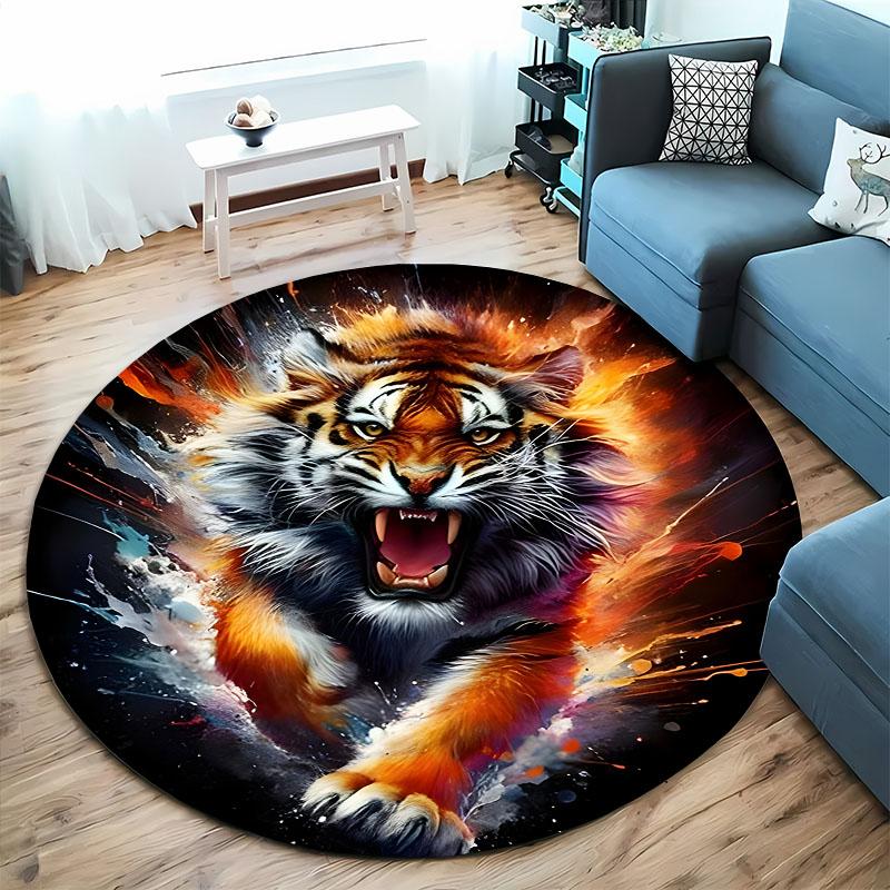 3D Tiger Head Pattern Large Round Carpet Anti Slip Polyester Fiber Office and Home Entrance Home Decoration Floor Mat Gift Rugs