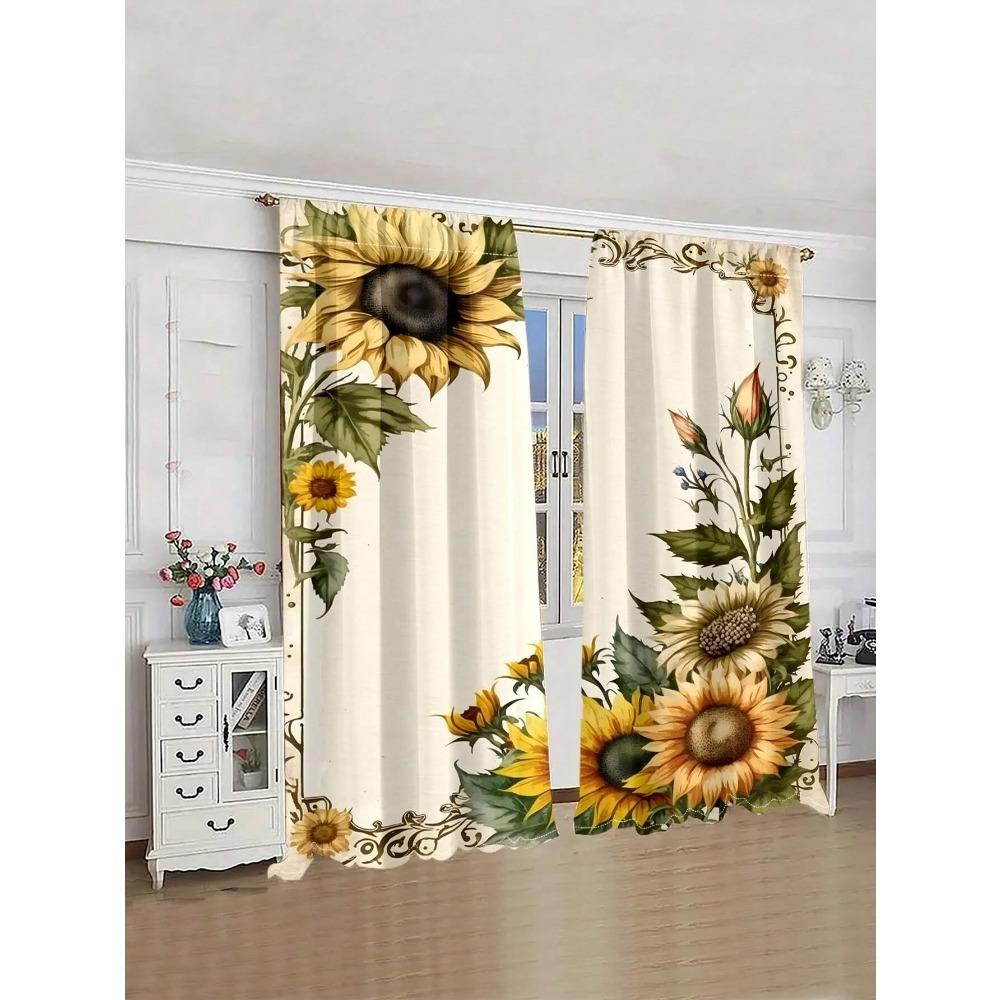 2pcs/Set Countryside Sunflower,Chrysanthemum,Red&Yellow Rose,Ivy Printed Trendy Floral Curtains Used For Living Room Room,Bedroom,Home