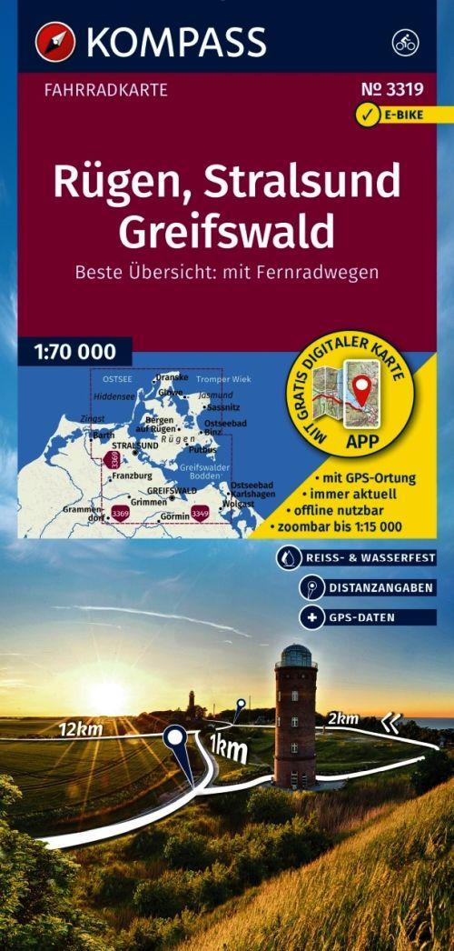 Rügen, Stralsund, Greifswald 1:70 000. Wasserdichte Touristenkarte, Fahrradkarte 3319. Wyd. 2025. Kompass