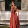 American Women's Clothing 2025 Summer New Satin High-waisted Dress V-neck Banquet Split-ended Sexy Dress