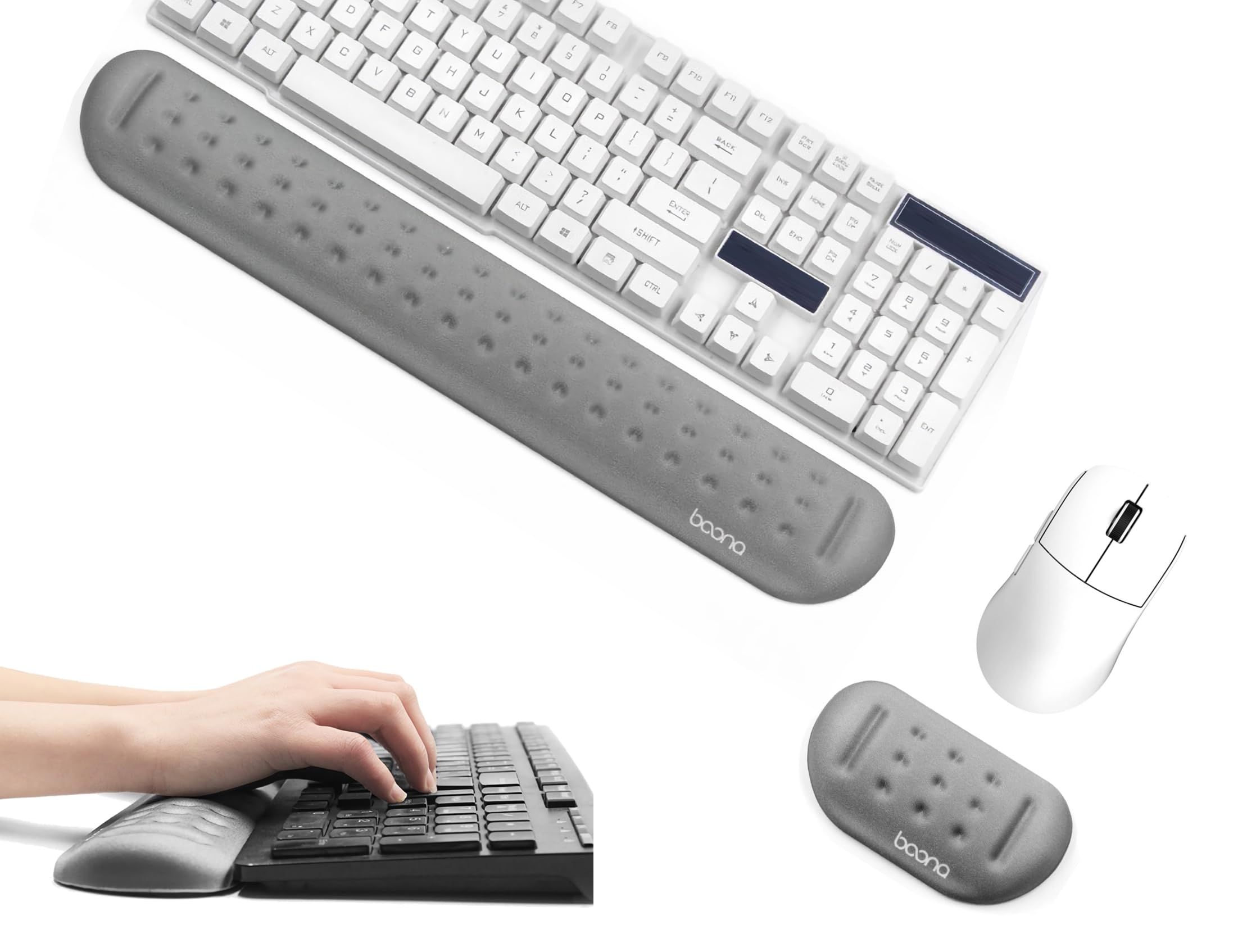 

Rowaica Подставка для запястья Набор мыши и клавиатуры Подставка для запястья Подставка для ладони Эргономичный дизайн Снижает усталость 2 шт. (Грей, Л) серый