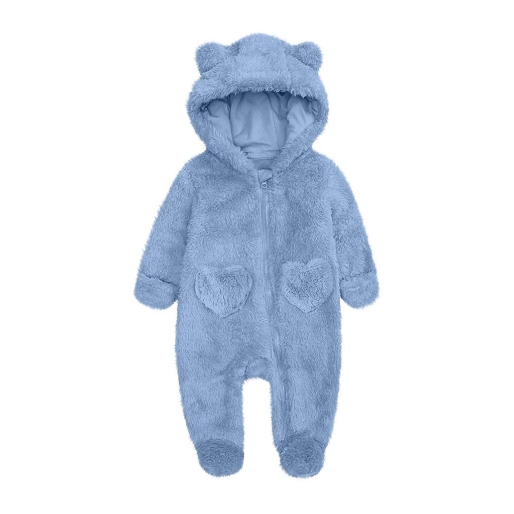 Baby Plush Warm One-Piece Bear Hooded Zipper Children's Solid Color Sleepsuit