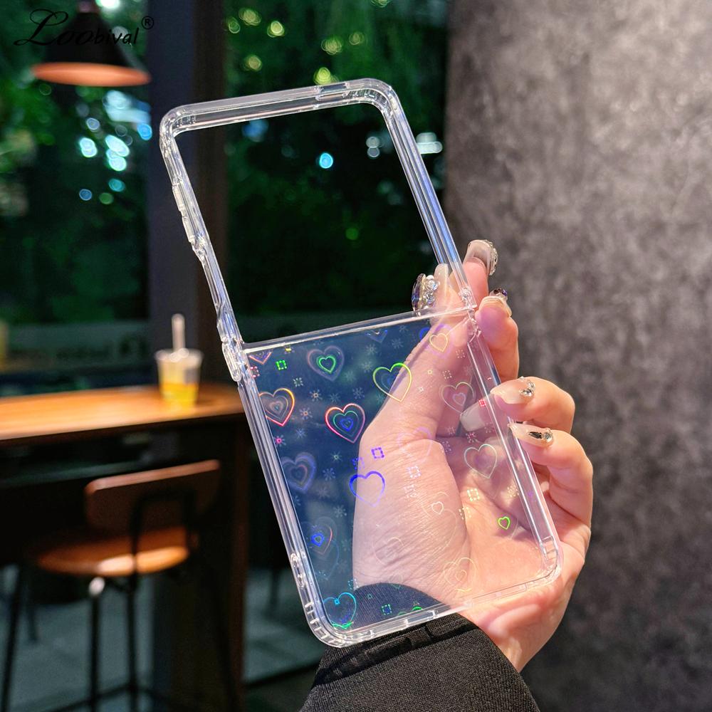 Aurora Glitter Love Heart Transparent Case for Samsung Galaxy Z Flip 7 6  4 3 flip7 zflip Laser Bling Gradient Acrylic Cover