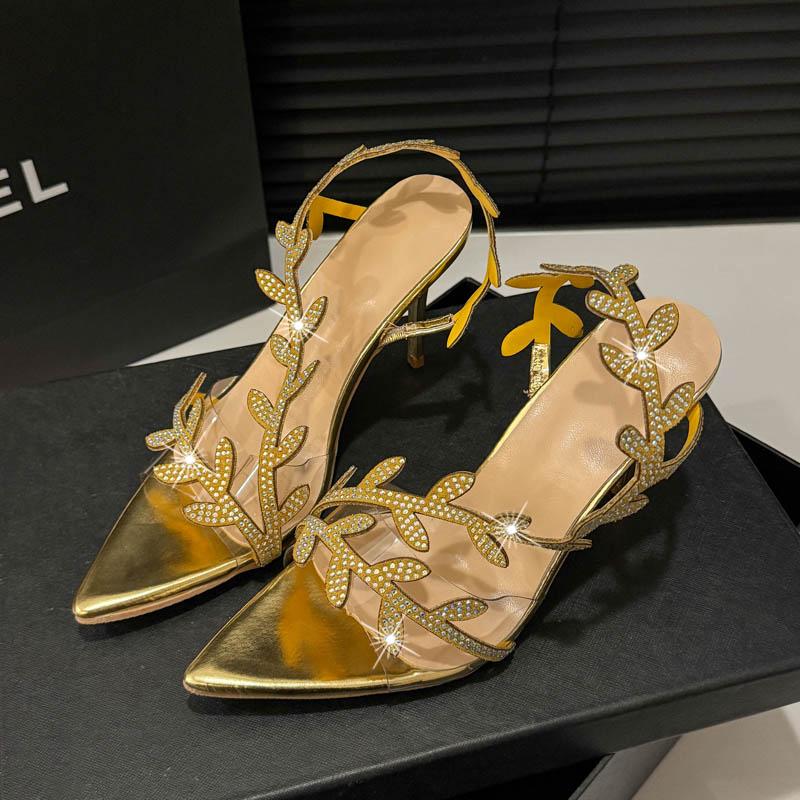 Fashion Golden Patent Leather Leaf High Heels for Women In Summer 2025, One-line Sandals with Thin Heels, Pointed Toe and Exposed Toe