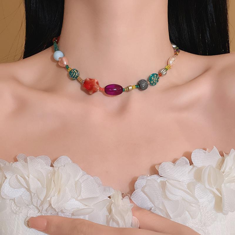 Dopamine Colorful Beads Choker Necklace for Women Ceramic Glass Star Heart Ball Geometric Bead Clavicle Chain Jewelry Gift