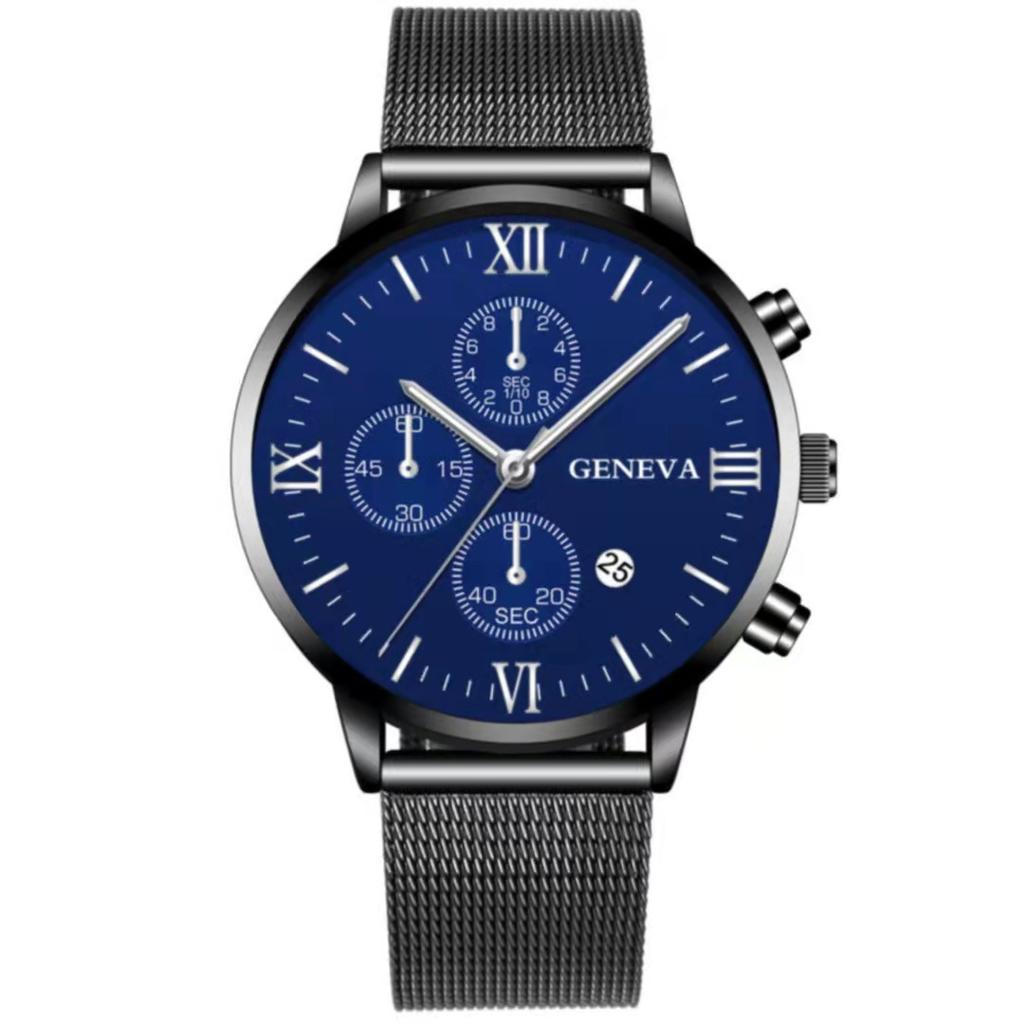 Mesh Belt Men With Calendar, Fake Three-Eye Business Leisure Boys Gift Quartz Watch